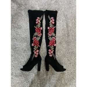 Women's Charlotte Russe Open Toe Knee High Floral Booties Black Suede Size 7
